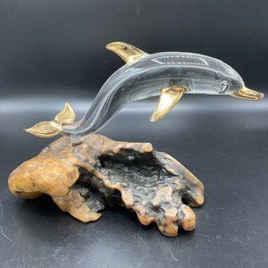 Glass Baron Hand Blown Glass Dolphin Sculpture 22K Gold Accents Wood Base